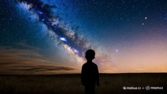 小孩站在一个开阔的草地上，抬头仰望星空。
星星在天空中闪烁，银河缓缓流动。
轻柔的风声和远处的虫鸣，营造宁静的氛围。
小孩举起望远镜或放大镜，指
向天空。
望远镜的镜头中出现一个明亮的星星，星星突然闪烁了一下。
望远镜的镜头发出轻微的“咔嚓”声。
小孩的眼睛：瞳孔放大，表现出强烈的视觉冲击。
小孩嘴微微张开，表现出惊讶和难以置信。
小孩嘴角微微上扬，表现出疑惑和好奇。
时长30秒 by Hailuo AI Video Generator