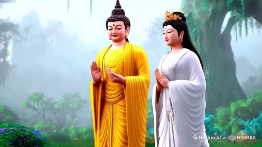 生成一段如来佛祖和观音菩萨一边走路一边聊天的视频，聊天的内容大致是祝普天下的有缘人事事顺利新年发大财[跟随] by Hailuo AI Video Generator