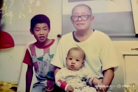 爷爷和孙子互动，镜头拉近，再旋移镜头 by Hailuo AI Video Generator