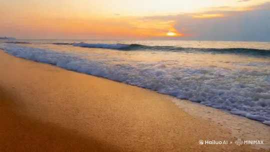 【场景】金色海浪吻过绸缎般沙滩/地平线吞下最后一抹夕阳/细沙在余温中闪烁碎钻光泽
 by Hailuo AI Video Generator