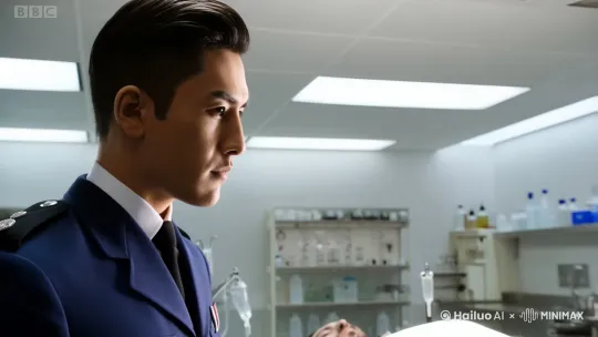 检验室内，身穿警服的男人站在床前，【特写】男人的侧脸，表情凝重，【降摇】男人低下头，带着白手套，检查面前盖着白布的尸体 by Hailuo AI Video Generator