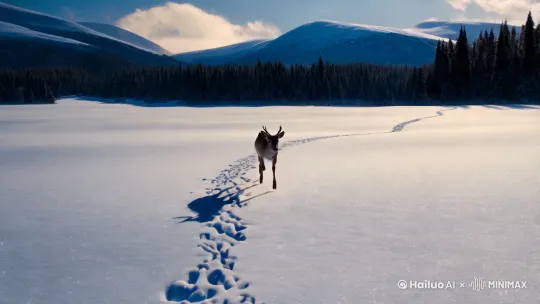 帮我生成一个视频：镜头对准一只在雪地中奔跑的狍子，它在洁白的雪地上留下一串深深的脚印，背景是广袤的森林和远处的雪山，阳光洒在雪地上，反射出耀眼的光芒。狍子突然停下，身体周围闪烁出神秘的光芒，光芒逐渐扩散，形成一个光晕，将狍子笼罩其中。光芒中，狍子的身体开始发生变化，逐渐变成一个穿着兽皮的美女猎人。她的头发变成乌黑的长发，身上的兽皮散发着古老的质感，脸上带着神秘的微笑，身后的雪地被光芒照亮，形成一个梦幻的光环。比例 9:16。 by Hailuo AI Video Generator