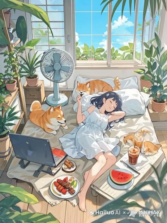 在一个宁静的夏日午后，阳光透过窗户洒在温馨的房间里，营造出一种慵懒的氛围。房间内，一个动画版女孩正在床上睡觉，猫咪在一边打着呼噜，室内有一台吊风轻轻转动，带来丝丝凉意。房间的角落里摆放着几盆绿植，微风轻轻的吹动着屋里的植物。 by Hailuo AI Video Generator