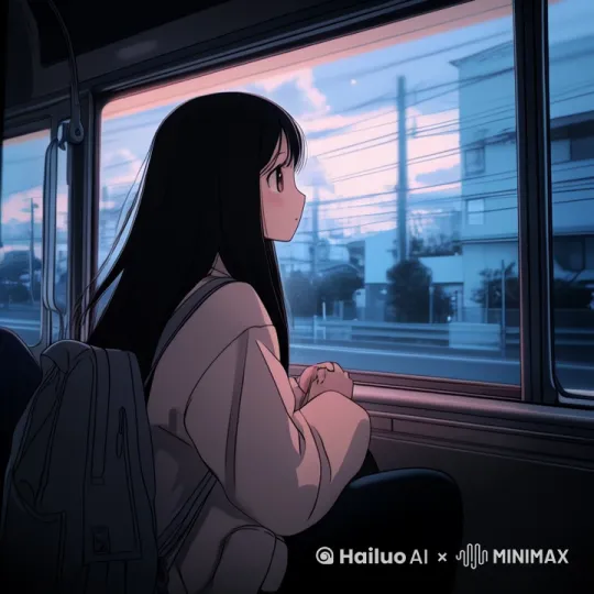 女孩坐在列车里，外面的景色在随着列车而移动 by Hailuo AI Video Generator
