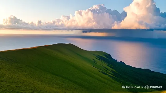 影级画质，4K超清，海拔2000米悬崖山顶，360度全景视角，碧绿草坪覆盖整片山坡，远处海平面与天空相接，巨型积云在暮色中翻涌，无人机航拍视角缓缓拉升展现地形全貌

【中景镜头】
斯坦尼康稳定器跟拍，年轻旅者侧影倚坐草坡，亚麻衬衫随风鼓动，发丝与金色狗尾草丛同步摇曳，逆光勾勒出身体轮廓，草浪呈现流体动力学运动轨迹

【特写镜头】
微距镜头捕捉狗尾草穗粒特写，半透明绒毛折射夕阳金光，露珠随草茎摆动划出光轨，景深虚化背景中波光粼粼的海面

【光影效果】
魔幻时刻光线，琥珀色斜阳穿透薄云形成丁达尔效应，智能光影渲染系统实时计算海浪反光与草叶透光效果，HDR高动态范围呈现紫罗兰色天际线与赭石色岩壁的色彩过渡

【动态元素】
流体模拟系统生成海风数据流，植被动力学引擎驱动每株草独立摆动，AI粒子系统生成蒲公英随风飘散轨迹，延时摄影模拟云层移动速度 by Hailuo AI Video Generator