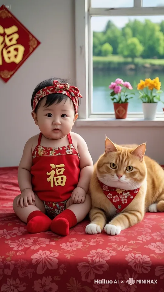 娃娃开心的手舞足蹈，拍手鼓掌，摇头晃脑摇摆身体，猫咪也跟随娃娃的节奏站起来一起摇摆，猫咪转过身扭屁股摇尾巴，他们哈哈大笑，最后他们拥抱互相拍着后背。 by Hailuo AI Video Generator