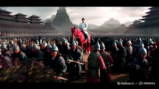 中国古代战场，一位少年将军身穿白色盔甲，骑着赤红大马，手提银色长枪，他被千军万马包围着，镜头特写从中景慢慢升空 by Hailuo AI Video Generator