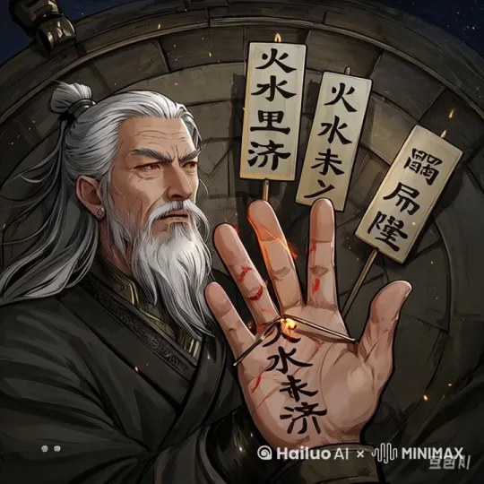 画面:顾衍之的须发以肉眼可见的速度变得雪白,脸上皱纹如同刀刻。他将三枚卦签狠狠刺入掌心。
旁白:顾衍之终于明白三日前占得的"火水未济"卦象真意。卦签上的殄文如同活物般钻入血管,剧痛中无数画面在脑海闪现。
特效:掌心浮现北斗七星血印,火焰将青铜星盘烧出北斗形状的孔洞。 by Hailuo AI Video Generator