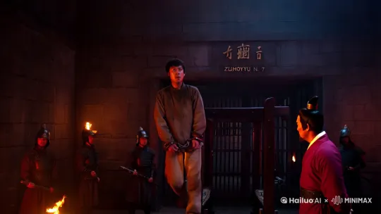 镜头描述:全景,诏狱·甲字七号刑房,阴森昏暗,火把零星分布,铁链声回荡。萧砚被缇骑押送进入刑房,镣铐叮当。陆延章站在刑具架前,目光冷峻。
•
画面内容:萧砚穿着囚服,表情紧张,目光闪烁,镣铐在火光下反光。陆延章身着绯袍,背景是刑具架和暗红色的火光。
5秒 by Hailuo AI Video Generator