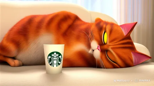 橙色的猫在沙发上睡觉沙发边放着一杯星巴克。蓝色的猫鬼鬼祟祟的跑过来把星巴克给偷走了。橙色的猫发现之后立刻就把他给抓住了。 by Hailuo AI Video Generator