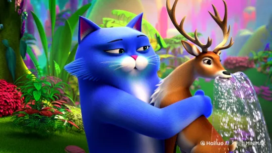 一只蓝色的很胖的猫，拿着一只鹿，鹿在往外流水 by Hailuo AI Video Generator