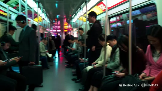 **1.场景一：小林在地铁1. 场景一：小林在地铁上刷手机
：画面描述 ：
背景是一节拥挤的地铁车厢，窗外是模糊的城市灯光。
小林坐在靠窗的位置，专注地盯着手中的智能手机，脸上带着笑容，似乎正沉浸在短视频中。
周围乘客有的低头看手机，有的戴着耳机闭目养神，还有人拎着公文包匆忙站立。
地铁广播提示音隐约可见（可以通过文字气泡表现）：“下一站，XX站，请注意安全。”
[左摇,变焦推进] by Hailuo AI Video Generator