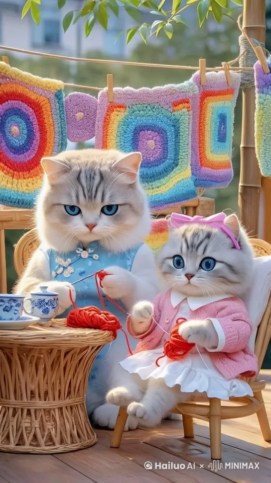 固定镜头，猫妈妈手持钩针编织红色毛线，猫宝宝在认真的学针法，背后的挂毯轻微晃动。动作流畅真实 by Hailuo AI Video Generator