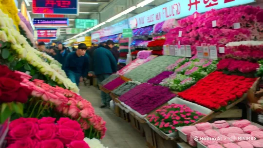 2025年两个小伙子在斗南花卉市场卖鲜切玫瑰花，两人奔波于基地和市场竞争很大，花价格忽涨忽跌，生意难做，但是为了理想，他们还在坚持奋斗 by Hailuo AI Video Generator
