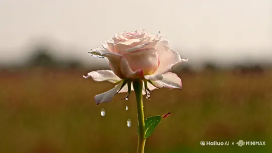 [慢动作]寂静的陆地上一株玫瑰花被雨滴击打着花瓣破裂 by Hailuo AI Video Generator