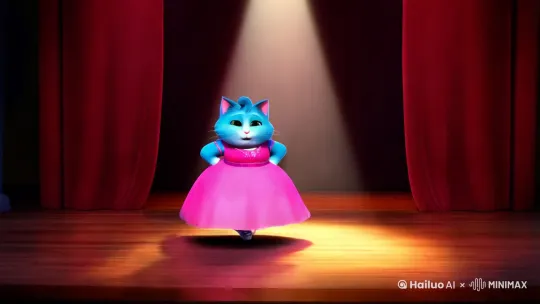 一个会站立的蓝色胖猫穿着粉色连衣裙在有红色幕布与木板搭建的舞台上跳芭蕾舞，全程有射灯照射这只胖猫，胖猫从大舞台左边跳到大舞台右边最后回到舞台中央鞠躬致谢。舞蹈结束后，镜头以胖猫为第一人称转向观众席，观众席是由12层渐进式的阶梯座位组成的，四周偏暗，左右两边各有一个后门，观众席中间有一条阶梯直通左右两边的后门，众人将要鼓掌时，突然从人群中跳出来一只有黄色圆角的圆头圆脑通体奶黄的婴儿龙，它后两只腿站立在地上，前两只腿充当类似人类的双手放在身体两侧，指着台上的胖猫，接着蓝色的胖猫和黄色的小奶龙在舞台中央互殴起来，最后镜头再次转向观众席，观众全部起立鼓掌 by Hailuo AI Video Generator