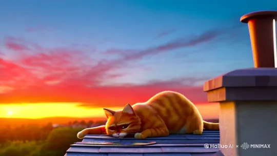 ## 会飞的猫

夕阳西下，天边染上了一层金红色的晚霞，像打翻的颜料盘，泼洒在无边的画布上。一只橘猫，慵懒地躺在屋顶上，享受着一天中最后的温暖。它眯着眼睛，尾巴尖儿有一搭没一搭地轻拍着瓦片，发出细微的“哒哒”声。

突然，一阵微风拂过，橘猫的耳朵动了动，睁开了琥珀色的眼睛。它似乎感受到了什么，站起身，伸了个懒腰，然后轻轻一跃，跳上了屋顶最高的烟囱。

夕阳的余晖洒在橘猫身上，给它橘红色的毛发镀上了一层金边。它仰起头，望着天空，眼神中透出一丝渴望。下一秒，令人难以置信的事情发生了——橘猫的后背上，竟然缓缓展开了一对半透明的翅膀，像蝴蝶的翅膀一样轻盈美丽，在夕阳下闪烁着七彩的光芒。

橘猫振翅高飞，轻盈地跃入空中。它像一片羽毛一样，在空中自由地翱翔，时而俯冲，时而盘旋，时而追逐着天边的云彩。它飞过城市的高楼大厦，飞过郊外的田野村庄，飞过波光粼粼的湖泊，飞过郁郁葱葱的森林……

夜幕降临，繁星点点。橘猫终于玩累了，它收起翅膀，轻盈地落在一棵大树的枝头。它舔了舔爪子，望着满天繁星，眼中闪烁着幸福的光芒。

这是一只会飞的猫，它拥有着自由的灵魂，它用自己的方式，探索着这个美丽的世界。 by Hailuo AI Video Generator