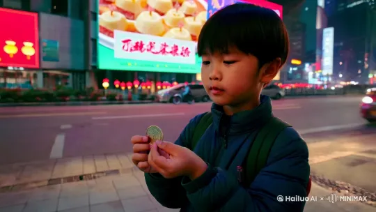 小男孩儿拿着一元钱，看着对面招牌的的汤圆广告，又看看手里的一元钱，这样反复的看了好几次，远处突然放起了烟花并且出现了元宵节快乐。 by Hailuo AI Video Generator