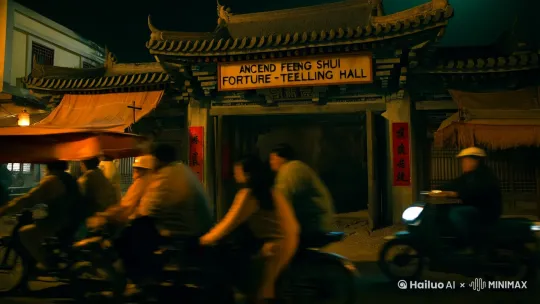 深夜的古镇，繁华街市的尽头，灯光照射下显现出一个神秘的地方——那是一座旧庙的遗留建筑，挂着被时间褪色的牌子——古老的“风水算命堂”。神秘的夜晚，一次特殊的入场使这家传统占卜的古馆发生了不寻常的变化。

走进大堂的是一名名为陈洛的青年，他面带忧色，踏入了古老八卦图和风水象中。当他闭上眼，深深吸气，一道充满现代科技气息的现代气息和古旧的神祇氛围交错的悬疑气氛弥漫开来。
 by Hailuo AI Video Generator