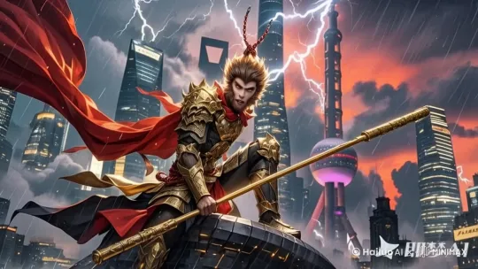 慢镜头推进：悟空从塔顶缓缓转身，金箍棒尖端划破雨幕，雷电击中塔尖迸发金色火花，镜头跟随火花下坠至水面 by Hailuo AI Video Generator