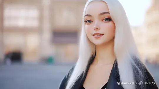 潮流服装的可爱女人，镜头从女生正面，转到到侧面，画面从远拉近，然后女生羞涩的笑 by Hailuo AI Video Generator