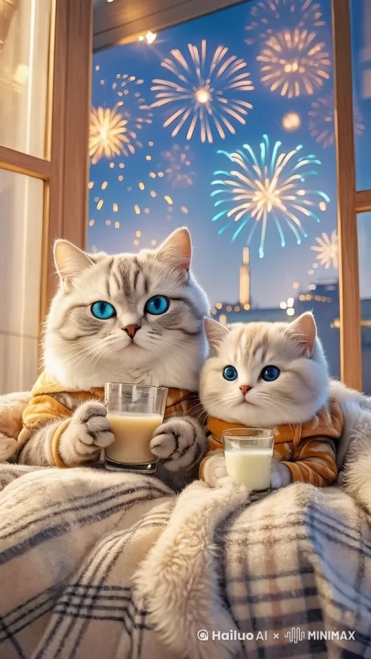 固定镜头，窗外的烟花在绽放，猫妈妈和猫宝宝微笑着聊天，喝下杯中的牛奶。动作流畅真实。 by Hailuo AI Video Generator