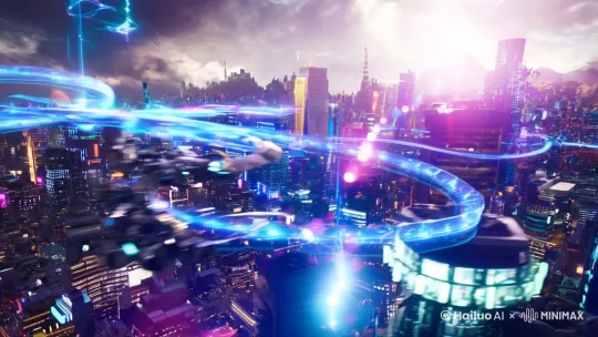 Cyberpunk neo-Tokyo floating in quantum clouds, 
AI rebels hacking blackhole-powered mainframe, 
holographic data streams and biomechanical drones, 
dutch angle tracking shot with lens flare, 
tense synthwave soundtrack, 
8K Unreal Engine, cinematic lighting, --ar 21:9 --v 6.0 by Hailuo AI Video Generator