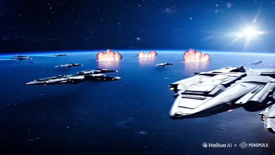 在无垠的太空中，太空舰队展开激烈的战斗 by Hailuo AI Video Generator