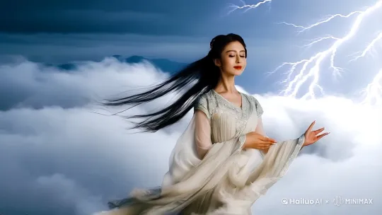 一位美丽的中国古风女子在翻滚的乌云和闪电中翩翩起舞。她的长发如瀑，广袖长裙随风飘动，每一个优雅的动作都显得灵动而飘逸。镜头流畅地跟随她的身影，交替使用近景特写展现她宁静的面容和广角镜头展现她在云雾缭绕、远山隐约的背景下的曼妙姿态。闪电的光芒偶尔照亮她的身影和周围浓密的云层，营造出一种神秘而震撼的氛围。整个场景将动与静、力量与优雅完美结合，呈现出令人叹为观止的奇幻视觉体验。 by Hailuo AI Video Generator