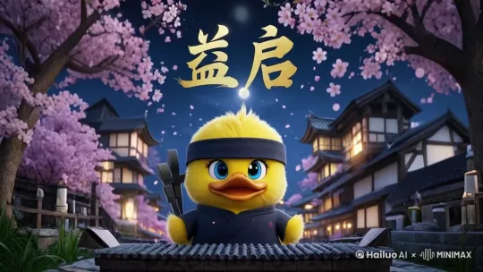 樱花慢慢飘落，文字“益启””缓缓微光发亮，图中小黄鸭双手舞动，嘴巴微笑，背景远处烟花 by Hailuo AI Video Generator