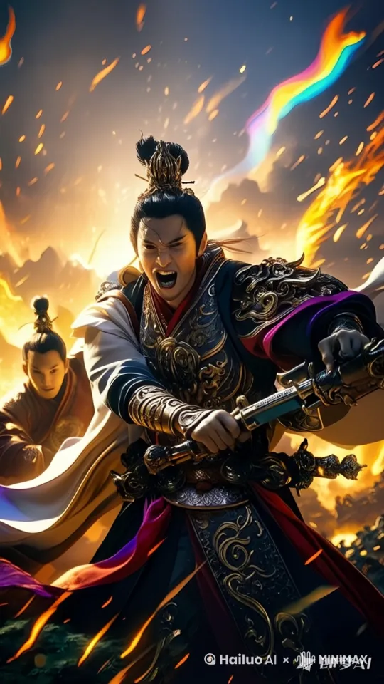 武将向前奔跑，挥舞大刀砍杀敌人，火光冲天，烟雾弥漫，风吹头发和衣服 by Hailuo AI Video Generator