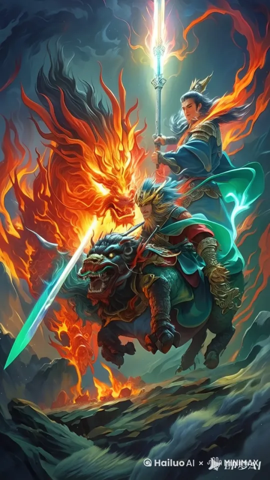 武将骑神兽向前奔跑，挥舞大刀砍杀敌人，神兽向前奔跑，后面火龙在追赶，火光冲天，烟雾弥漫，风吹头发和衣服 by Hailuo AI Video Generator