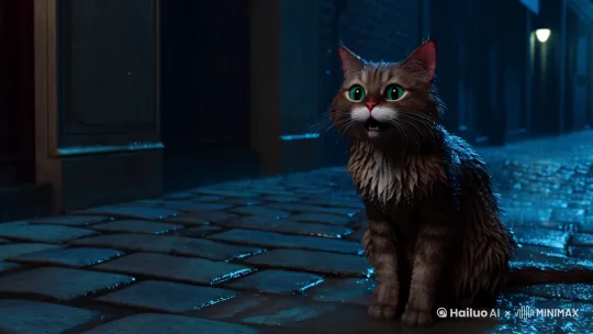一只流浪猫在雨里哭泣 by Hailuo AI Video Generator