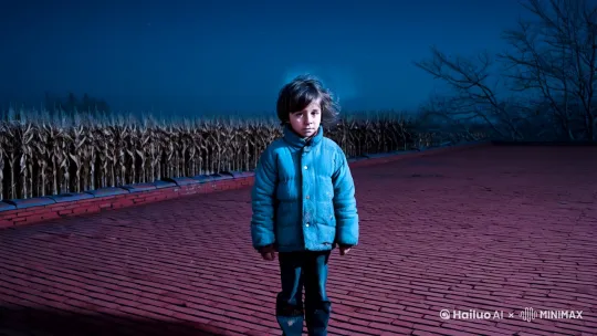 [主题] A 9-year-old boy in faded blue cotton-padded jacket stands alone on a northern Chinese rural rooftop at night, ultra-detailed red brick texture, withered corn stalks on edges, barren winter branches in distance, cinematic 45-degree low-angle shot, NASA Hubble-level star density, no moon, Milky Way core visible, hyperrealistic 8K, cold color palette (#2A2F3B) with faint film grain

[阶段1-静态星空] 10s slow zoom out, handheld camera micro-shake, child's hair/cloth fluttering in 0.2m/s wind, visible breath vapor, 24mm wide lens, ISO 1600 noise simulation, Scorpius constellation glowing with blue-white and orange-red stars

[阶段2-星变开始] 5s sudden frame freeze -> stars begin quantum disintegration effect, radial motion toward 23.5° eastern sky, gravitational lensing distortion (warped background galaxies), Doppler shift halos (blue/red spectral trails), particle count 12k+ with Lorentz spiral trajectories

[阶段3-黑洞形成] 15s Einstein ring formation at 5° elevation angle, accretion disk with #8A2BE2 X-ray corona, Hawking radiation particles, event horizon ripple (0.3px/frame), stars accelerating to 300% optical flow speed, Klein bottle topology emerging in background spacetime

[阶段4-维度崩塌] 10s RGB chromatic aberration (+5px/-3px), fractal shadow projections, Penrose triangle formed by last 3 stars, black hole evaporation with white noise fade-out, Hitchcock zoom from 35mm to 50mm during final 3s

[渲染参数] Ray tracing 4bounces, relativistic physics enabled, Van Gogh brushstroke 15% on ground elements, 0.5x slow motion, motion blur 24fps cinematic standard by Hailuo AI Video Generator