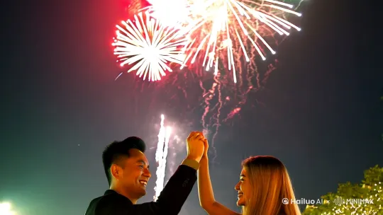 祝贺新春，拱手，开心，烟花。 by Hailuo AI Video Generator