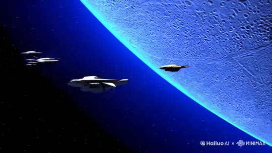 在月球和地球外太空，地球人战舰和外星人战舰在激战。 by Hailuo AI Video Generator