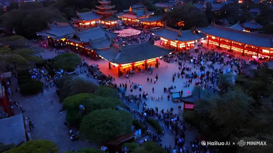 中国山水、中国传统建筑、灯会，游人如织（剪影）、繁华，俯瞰，漫天烟花，禅意，（绘画）出自斯蒂芬·甘内尔，（摄影）出自亚历山德罗·戈塔尔多，红色背景 by Hailuo AI Video Generator