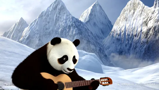 熊猫在雪山弹吉他。电影效果[下降,上摇] by Hailuo AI Video Generator