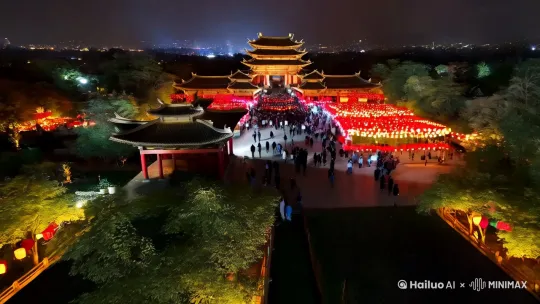 中国山水、中国传统建筑、灯会，游人如织（剪影）、繁华，俯瞰，漫天烟花，禅意，（绘画）出自斯蒂芬·甘内尔，（摄影）出自亚历山德罗·戈塔尔多，红色背景 by Hailuo AI Video Generator