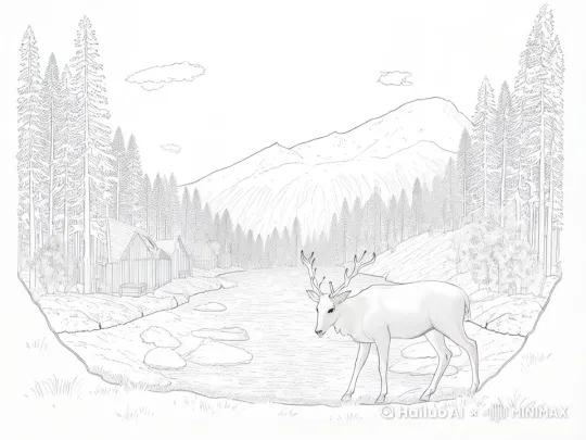 黑白线稿风格的插画，自然景观，一只长着巨大的角的梅花鹿在山林间行走，有一条小溪在山间潺潺流淌。林间雾气弥漫，阳光穿透树叶，形成丁达尔光线。 by Hailuo AI Video Generator