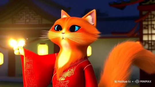 3D动画：橘猫穿唐装用尾巴卷鞭炮点燃，前爪作揖拜年，红包从袖口飞出，HDR灯笼光照亮毛发纹理 by Hailuo AI Video Generator