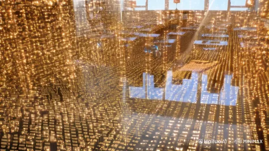 "写实级粒子系统（2000+微分体）：  
- 每个立方体含独立运算公式（字体大小≥8px）  
- 光束粘度系数0.7产生糖浆质感  
- 教室倒影实时同步窗外天气变化  
特别要求：学生机器人外壳反射率随知识吸收进度从0.3→0.8线性变化" by Hailuo AI Video Generator