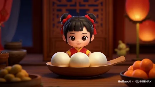 小朋友吃了一口碗中的大汤圆，非常幸福的笑了 by Hailuo AI Video Generator