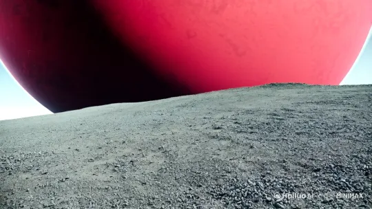 巨大摄影，低角度仰拍，科幻风格，天空中有个巨大的红色星球，一身科幻装备的女孩从近处入画，缓慢走在荒芜的碎石地上，不远处是一个峡谷，峡谷中正有一只巨龙缓缓盘旋，不寒而栗的压迫感！高清电影画质32K。 by Hailuo AI Video Generator