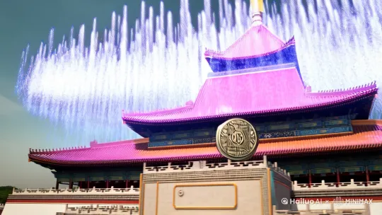 超高速粒子流从故宫琉璃瓦顶喷涌，青铜鼎纹量子芯片旋转升起，红蓝数据粒子汇聚成闪电状"AI"字，机械仙鹤冲破全息《千里江山图》，8K电影质感赛博国潮 --ar 9:16 --style dynamic_energy by Hailuo AI Video Generator
