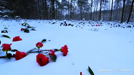 雪花纷纷扬扬地飘落，森林静谧，地面，轻松，还有红玫瑰渐渐被雪覆盖，镜头从高空缓缓下降，聚焦地面 by Hailuo AI Video Generator