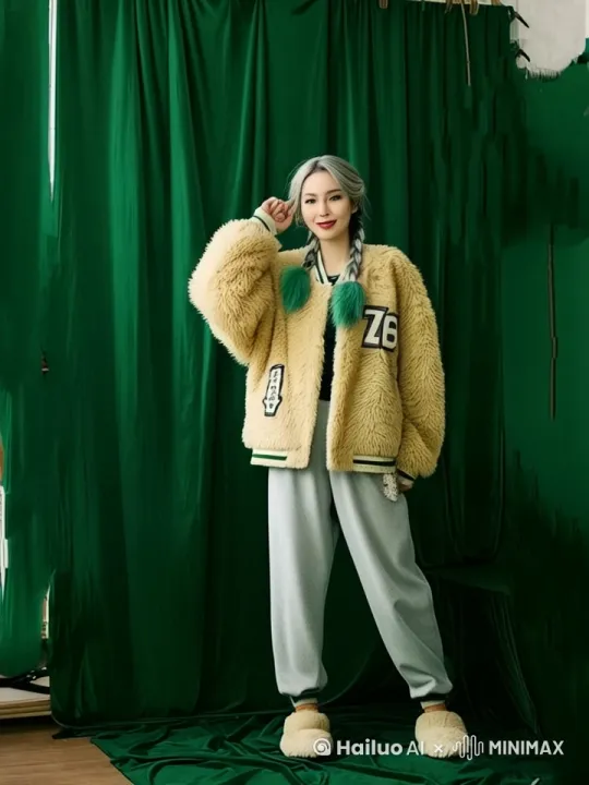 无实物表演:镜头推进，美女向后退步。美女正在向观众介绍身旁的绿幕，表情热情洋溢，专业导游。一边热情洋溢解说，一边指着绿幕，一边随着镜头向后退，偶尔回头看一眼绿幕。 by Hailuo AI Video Generator