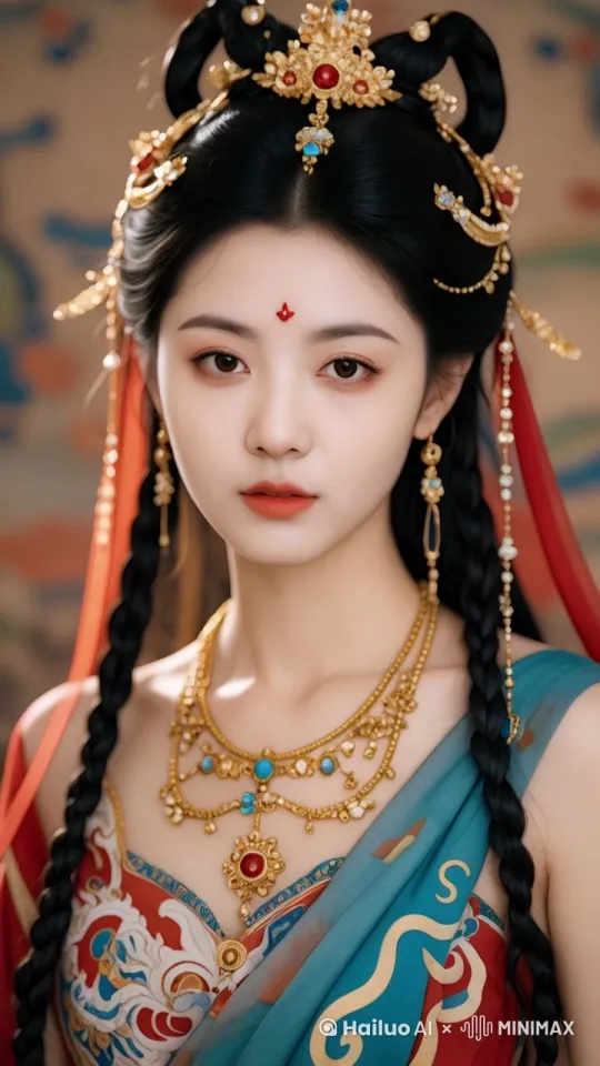 图中女子带着红色的薄纱遮面，红色薄纱掩盖了女子的鼻子和嘴唇，只露一双动人的眼睛。女子在魔窟的大殿内踮起脚尖跳舞。动作自然流畅，面部表情自然，神情自然，面部无扭曲和变形。 by Hailuo AI Video Generator