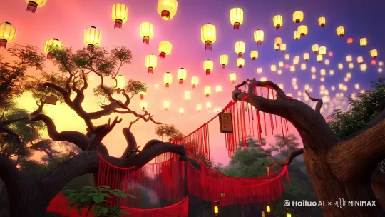 超现实主义，真实自然的生活场景，去卡通，去动画，只要有质感的电影级真实画面。中国唐朝古代的元宵节灯会上，天上有亮亮的孔明灯，古老的大树的枝干上系满了红色的细绳，细绳上挂着小条形原色木牌，木牌上写着“在天愿作比翼鸟，在地愿做连理枝。” by Hailuo AI Video Generator