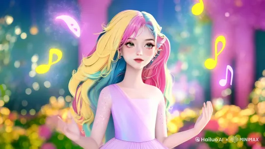 卡通形象特效，女孩光鲜亮丽，哼着歌，周围飘满了七彩色的音符， by Hailuo AI Video Generator